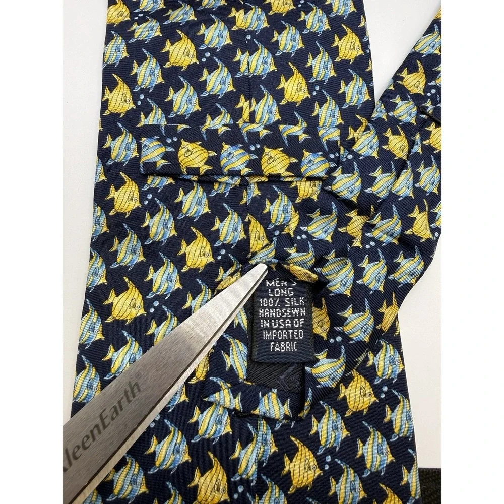 Vintage Lands End Fish‎ Tie Silk USA Navy Tropical Angelfish Extra Long 66